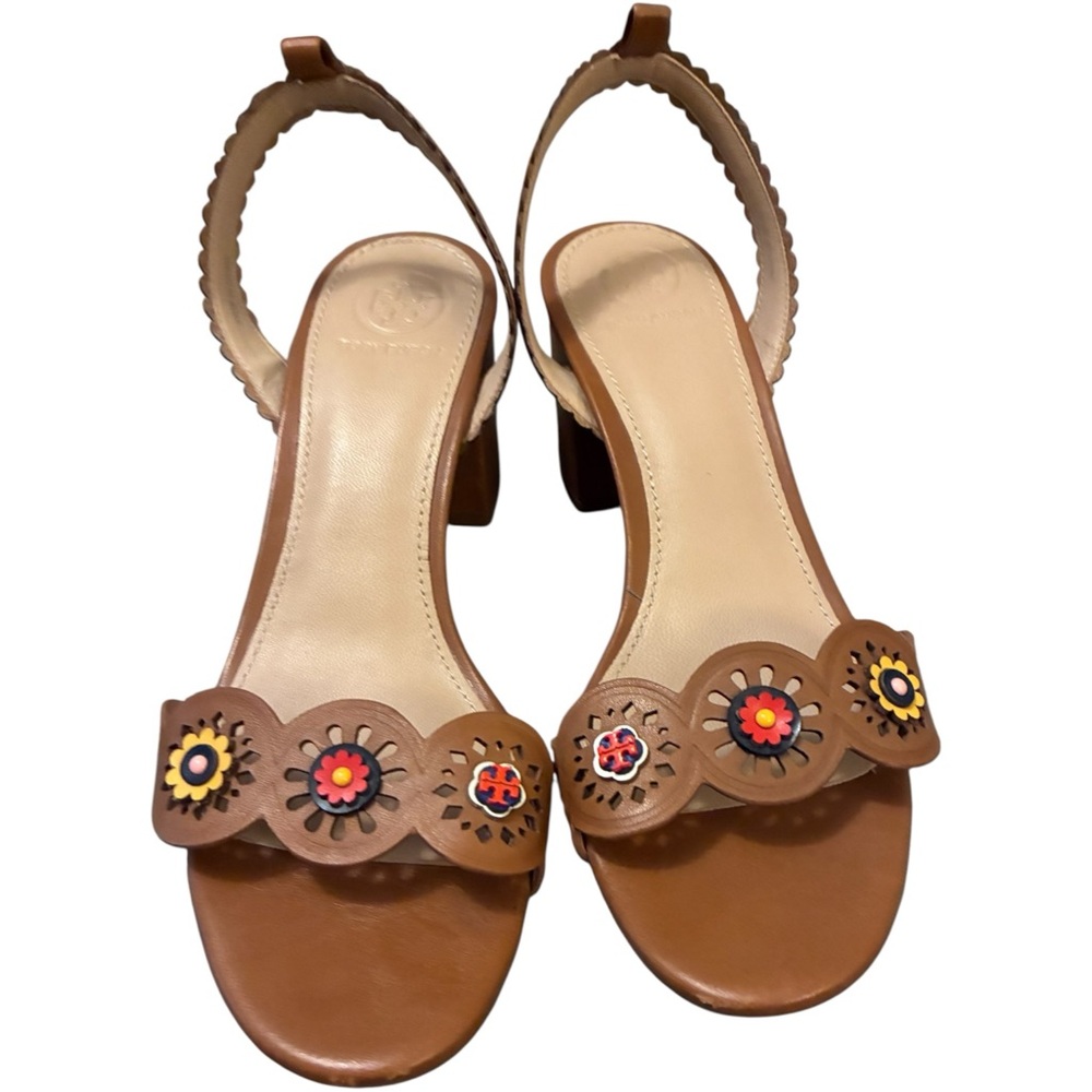 Tory Burch Marguerite Perforated Cutout Floral Chunk Heel Sandals Size 6.5
